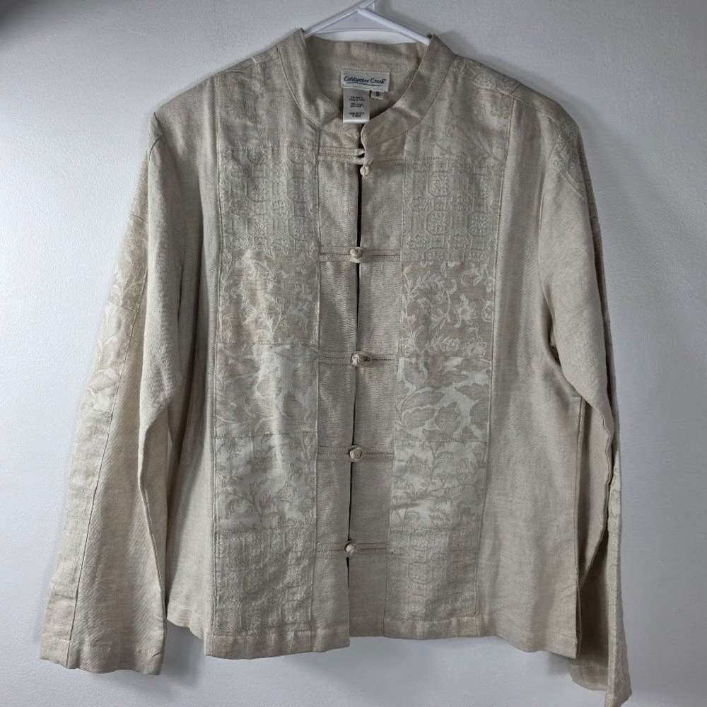 Coldwater Creek Linen Cotton Blend‎ Asian Inspired Jacket Tunic Top Beige Small